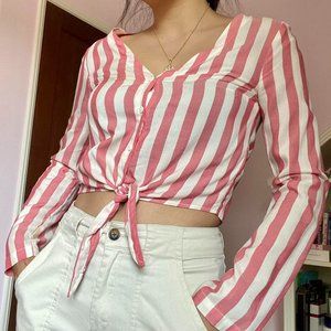 Pink and White Striped Cropped Long Sleeve Blouse from H&M